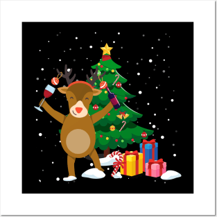 Funny Reindeer Drinking Wine Christmas Tree Posters and Art